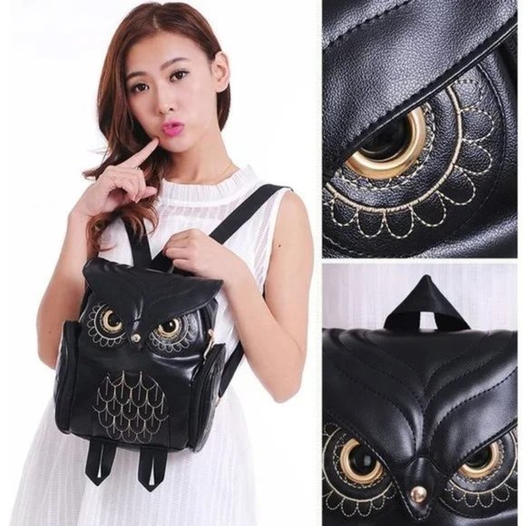 CUTE Black Owl Vegan Leather Backpack Punk Purse Shoulder Bag Daypack New NWT main image 2